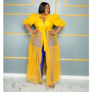 Puff Sleeve Tulle Button Up Shirt